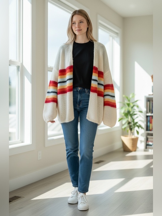 *Fashion Sweaters - Cream Open-Front Cardigan with Multicolor Stripe Accents